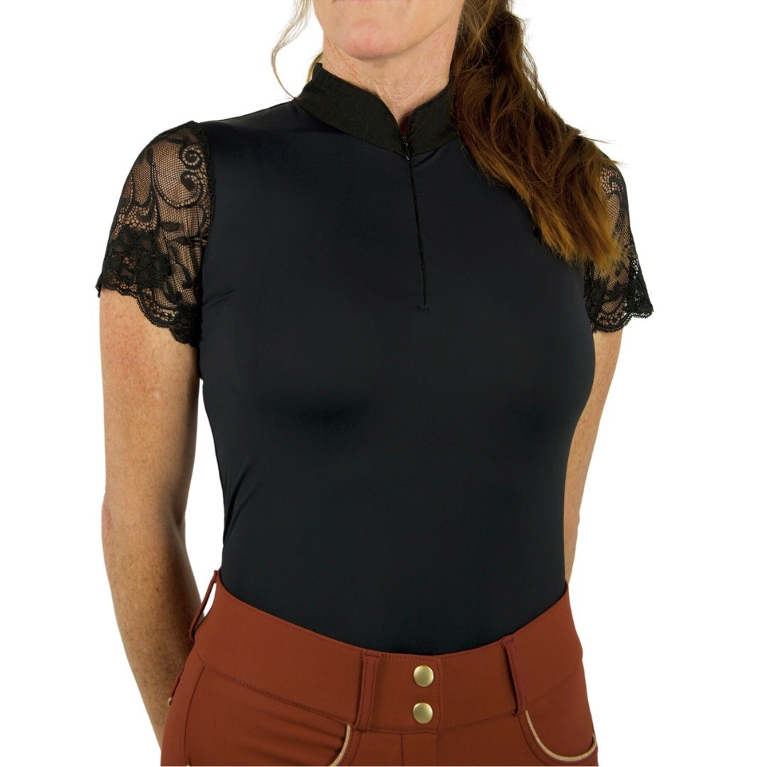 Halter Ego® Tara Short Sleeve Lace Competition Shirt - Black