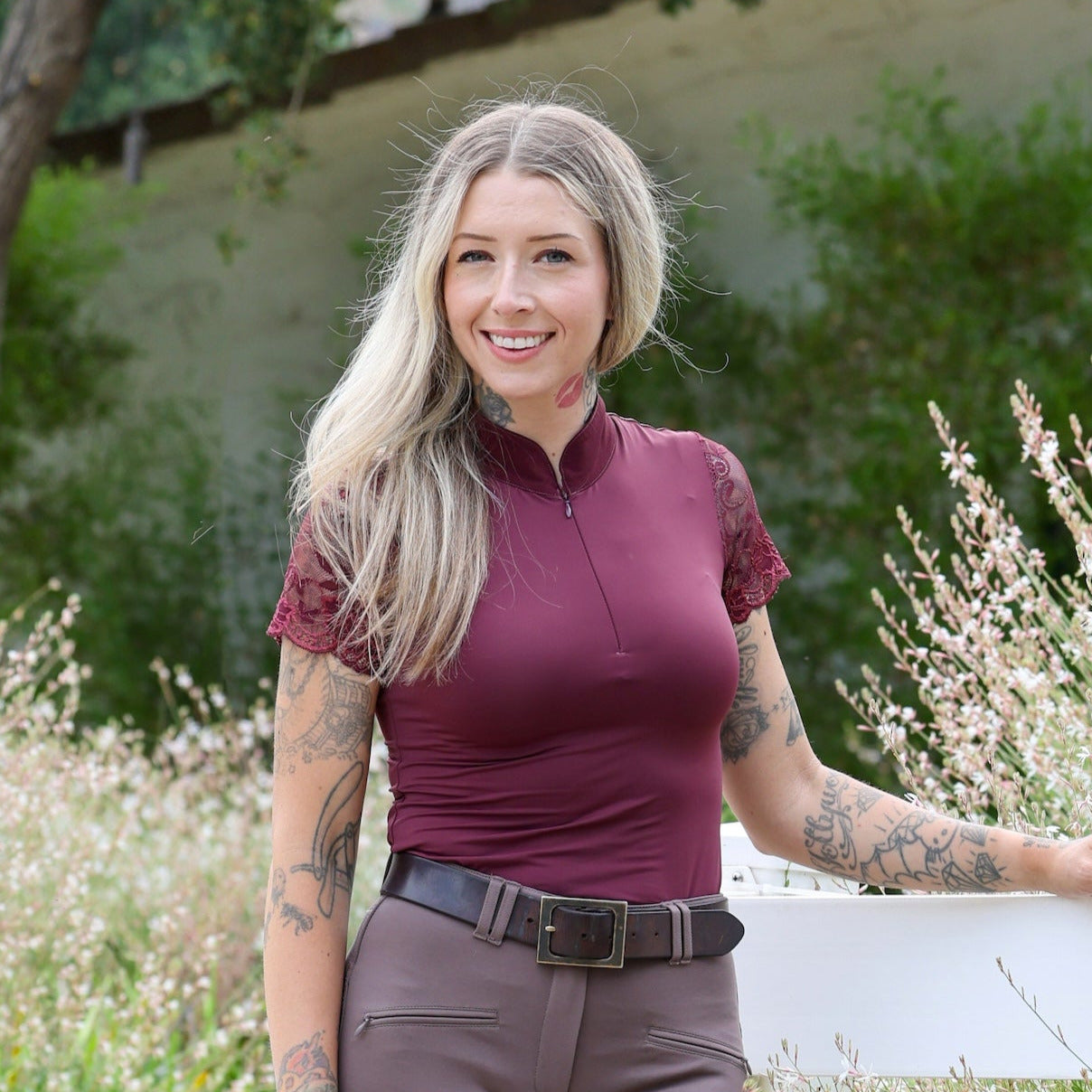 Halter Ego® Tara Short Sleeve Lace Competition Shirt - Burgundy