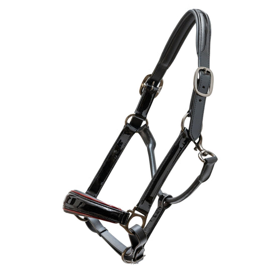 Halter Ego® Hayworth Black Patent Leather Halter with Burgundy Piping