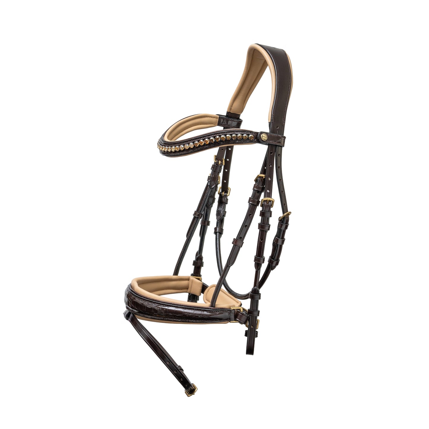 Halter Ego  The Vienna Brown Patent Leather Snaffle Bridle with Bronze Golden Sparkle Piping