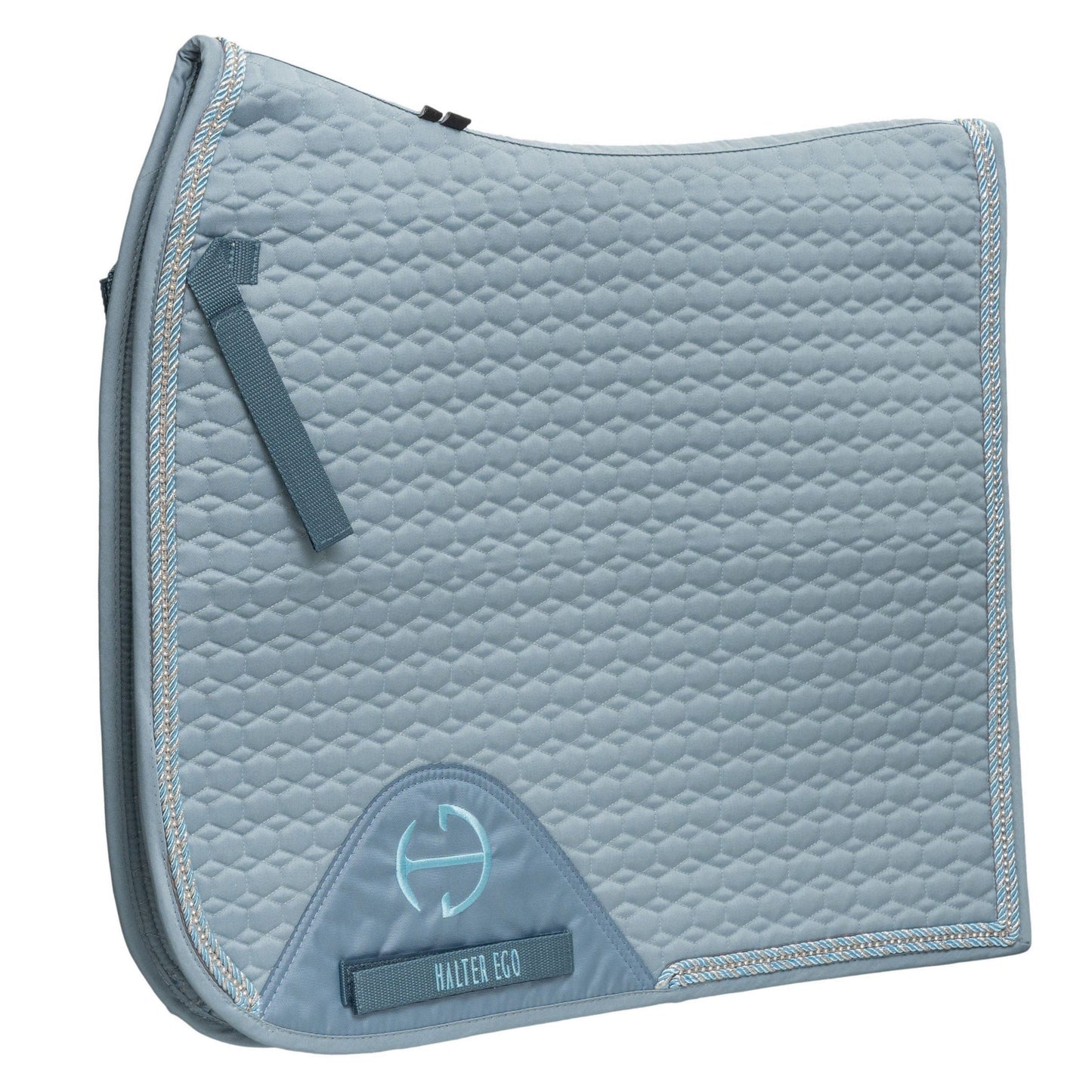 Halter Ego European Cotton Dressage Saddle Pad - Light Blue with Crystals & Light Blue/Silver Twisted Rope Trim