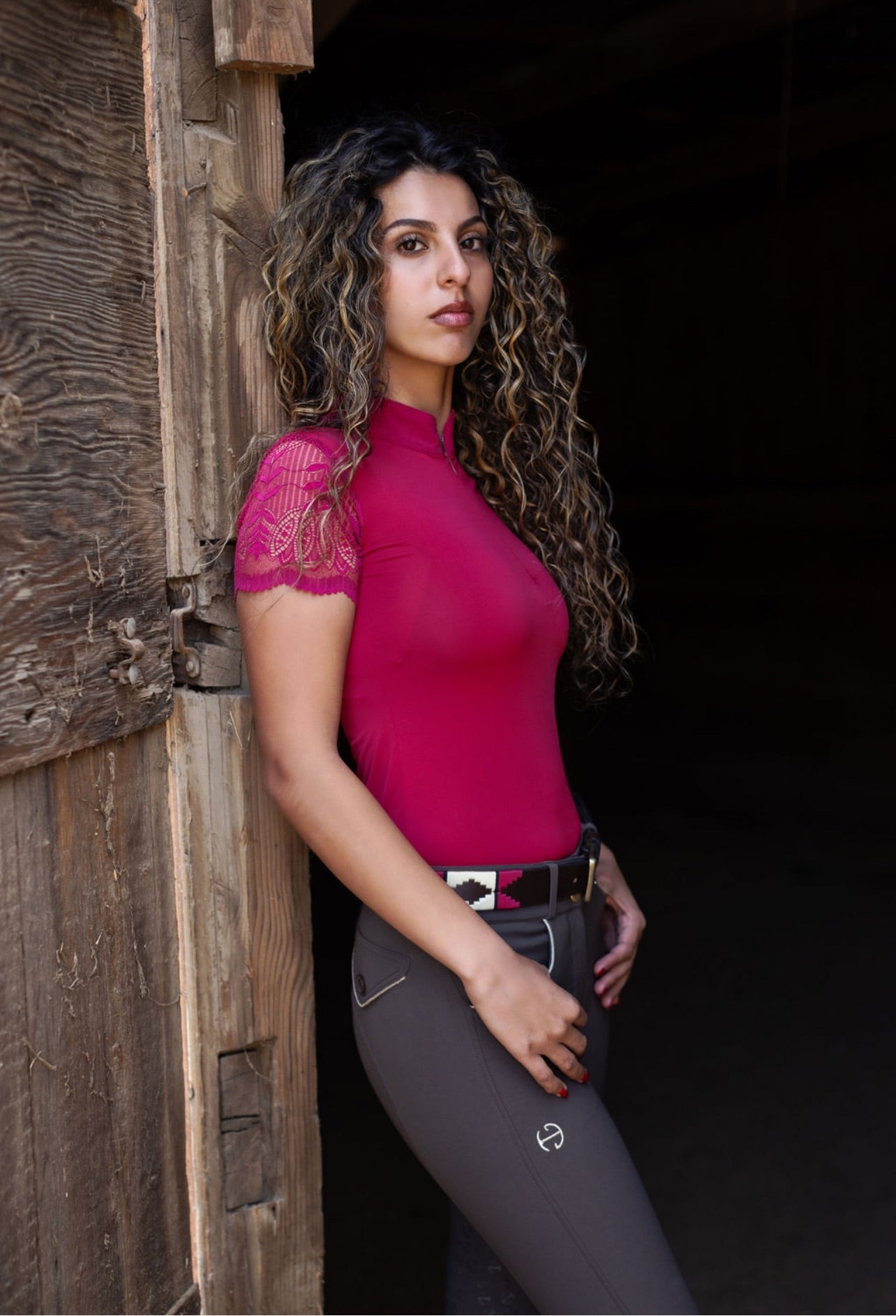 Halter Ego® Rosado Bravo - Magenta, Cream & Brown Leather Polo Belt