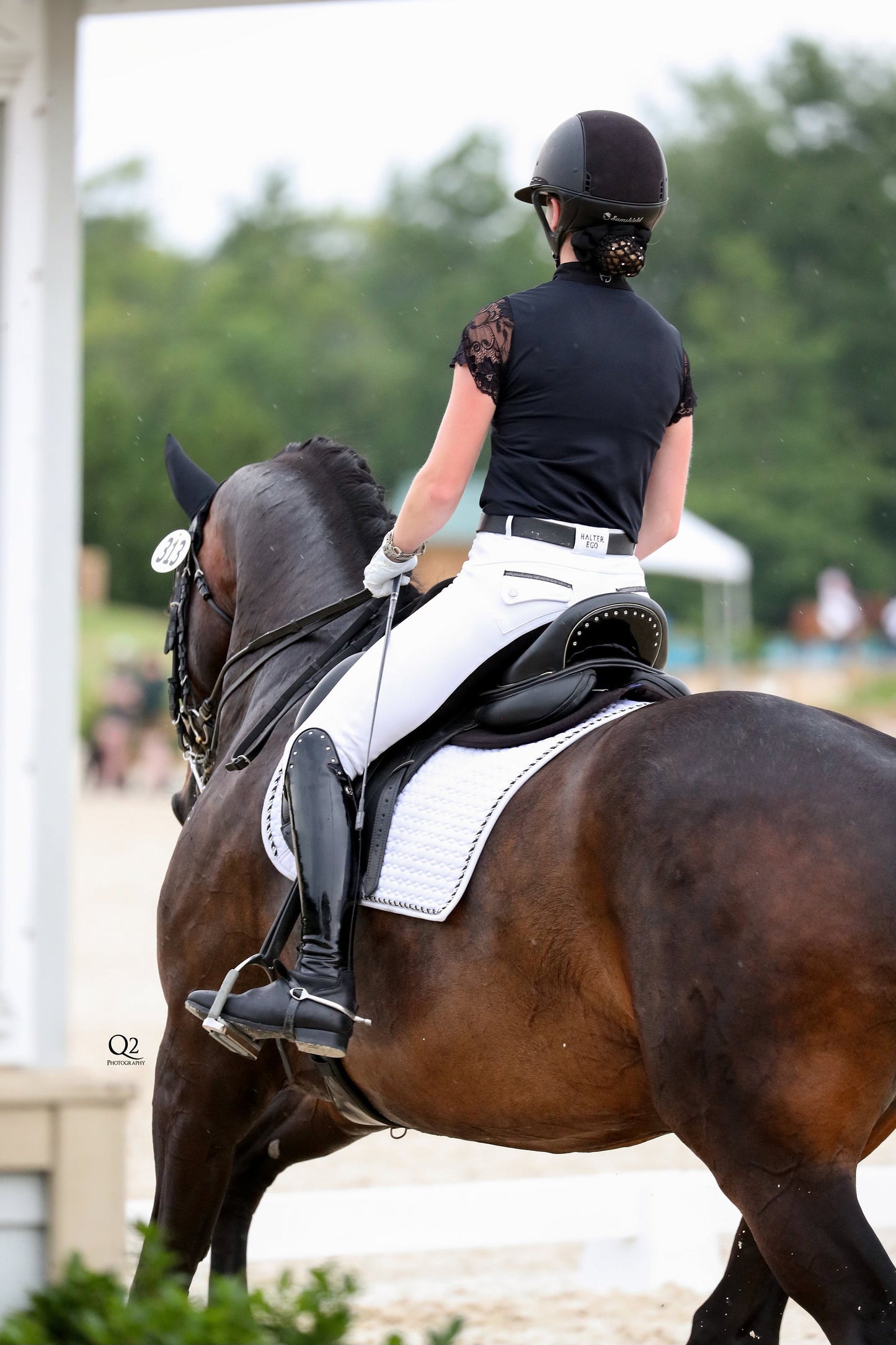 Halter Ego European Cotton Dressage Saddle Pad - White & Black Twist Trim Full