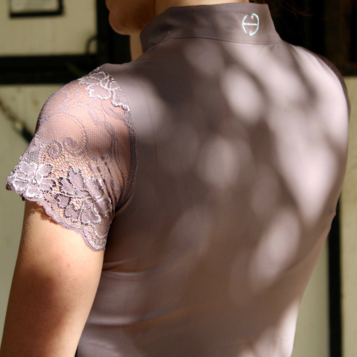 Halter Ego® Tara Short Sleeve Lace Competition Shirt - Taupe