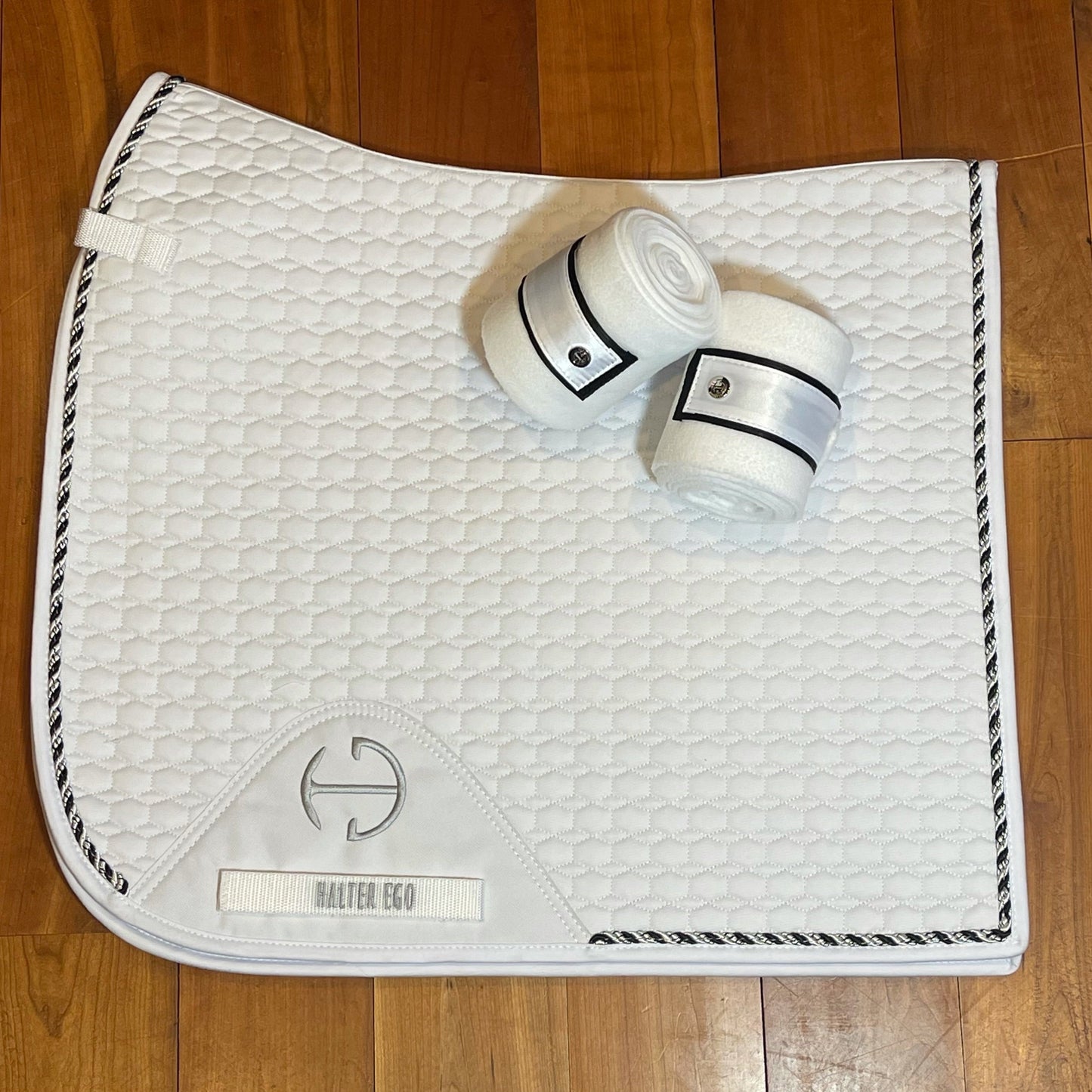 Halter Ego European Cotton Dressage Saddle Pad - White & Black Twist Trim Full