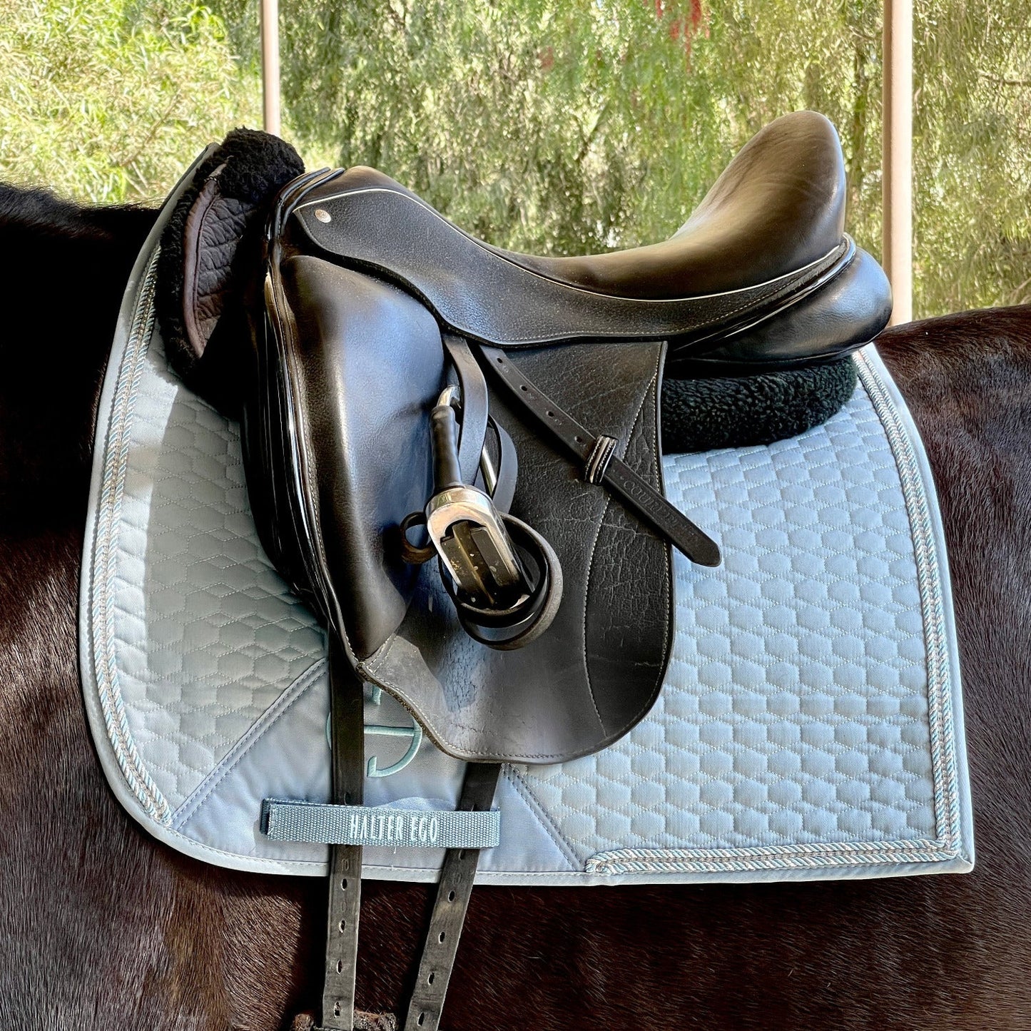 Halter Ego European Cotton Dressage Saddle Pad - Light Blue with Crystals & Light Blue/Silver Twisted Rope Trim