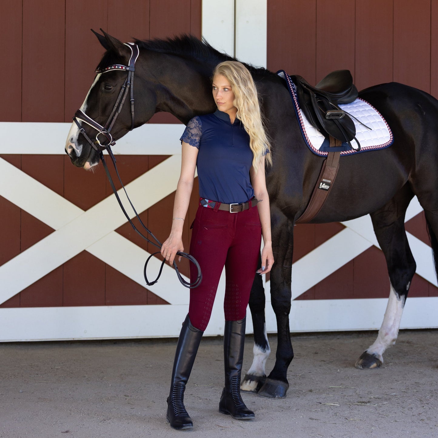 Halter Ego® Tara Short Sleeve Lace Competition Shirt - Navy