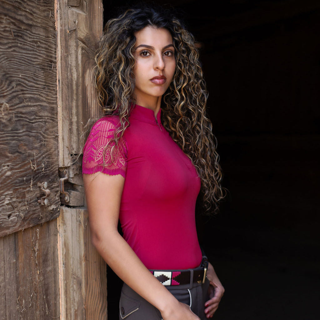 Halter Ego® Charlie Short Sleeve Lace Riding Shirt - Cherry Red