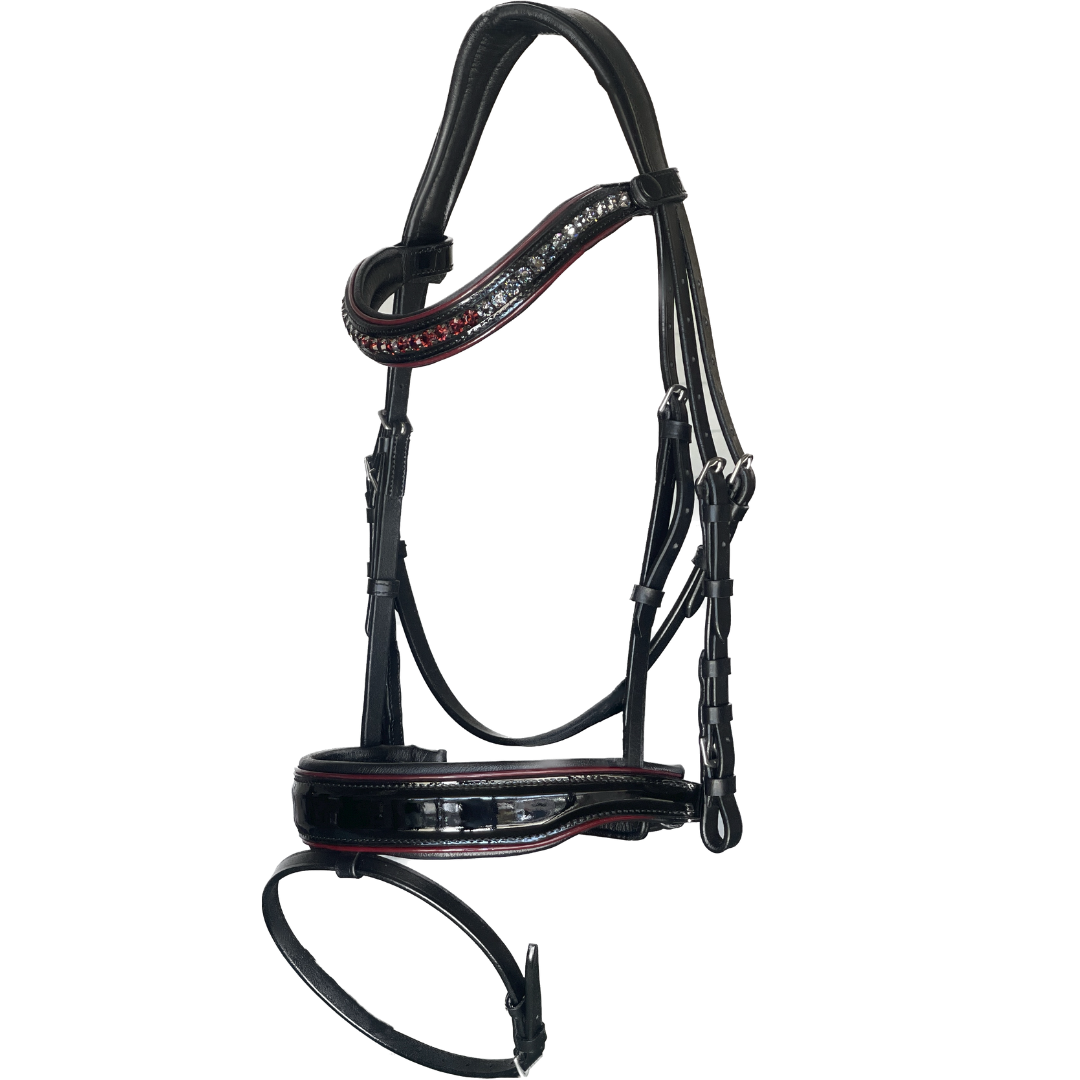 Halter Ego® The Hayworth - Black Patent Snaffle with Burgundy Patent Piping & Removable Flash