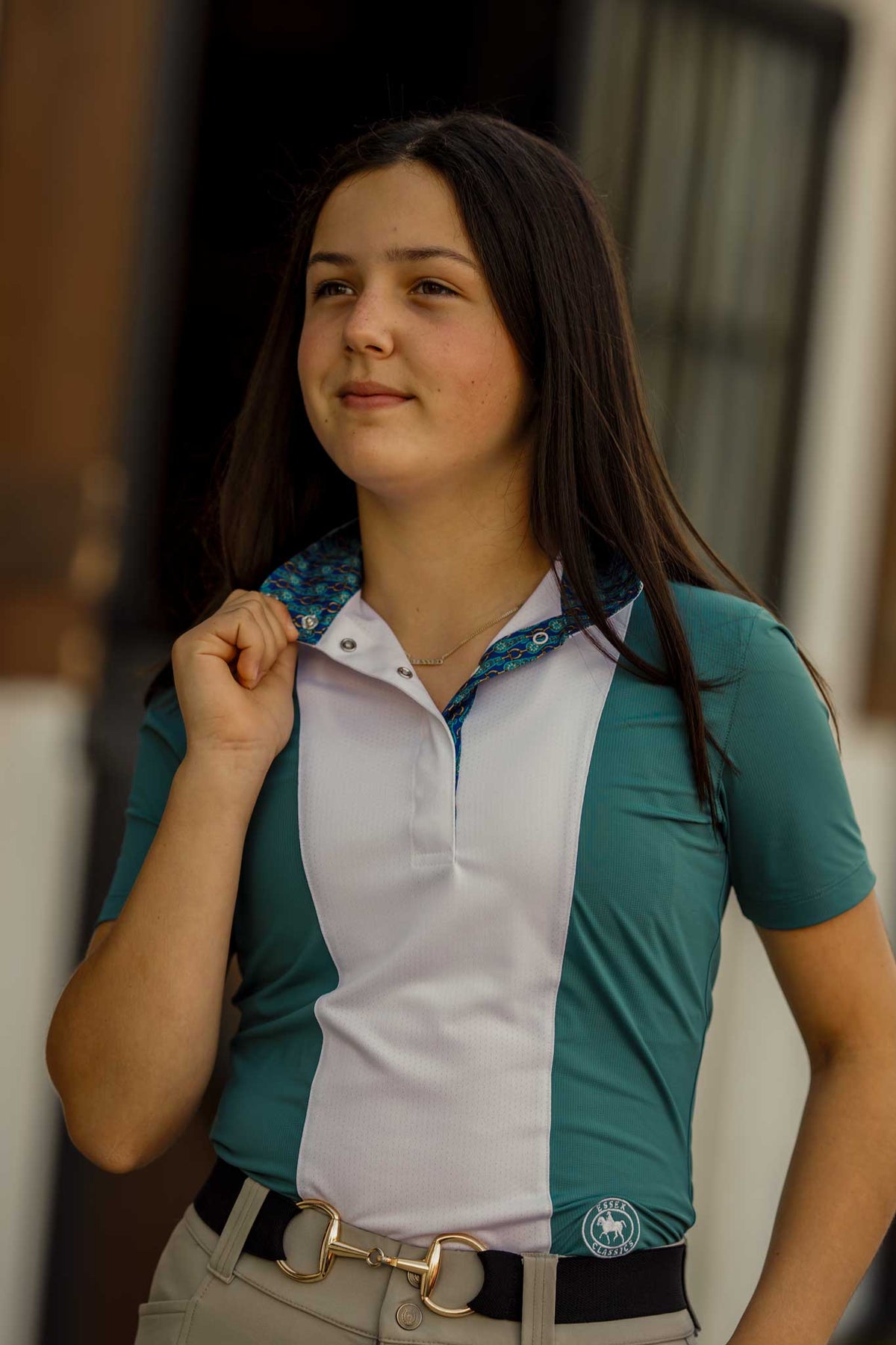 Essex Classics - Ladies "Luna II" Forest Green with Golden Snaffle Short Sleeve Performance Show Shirt